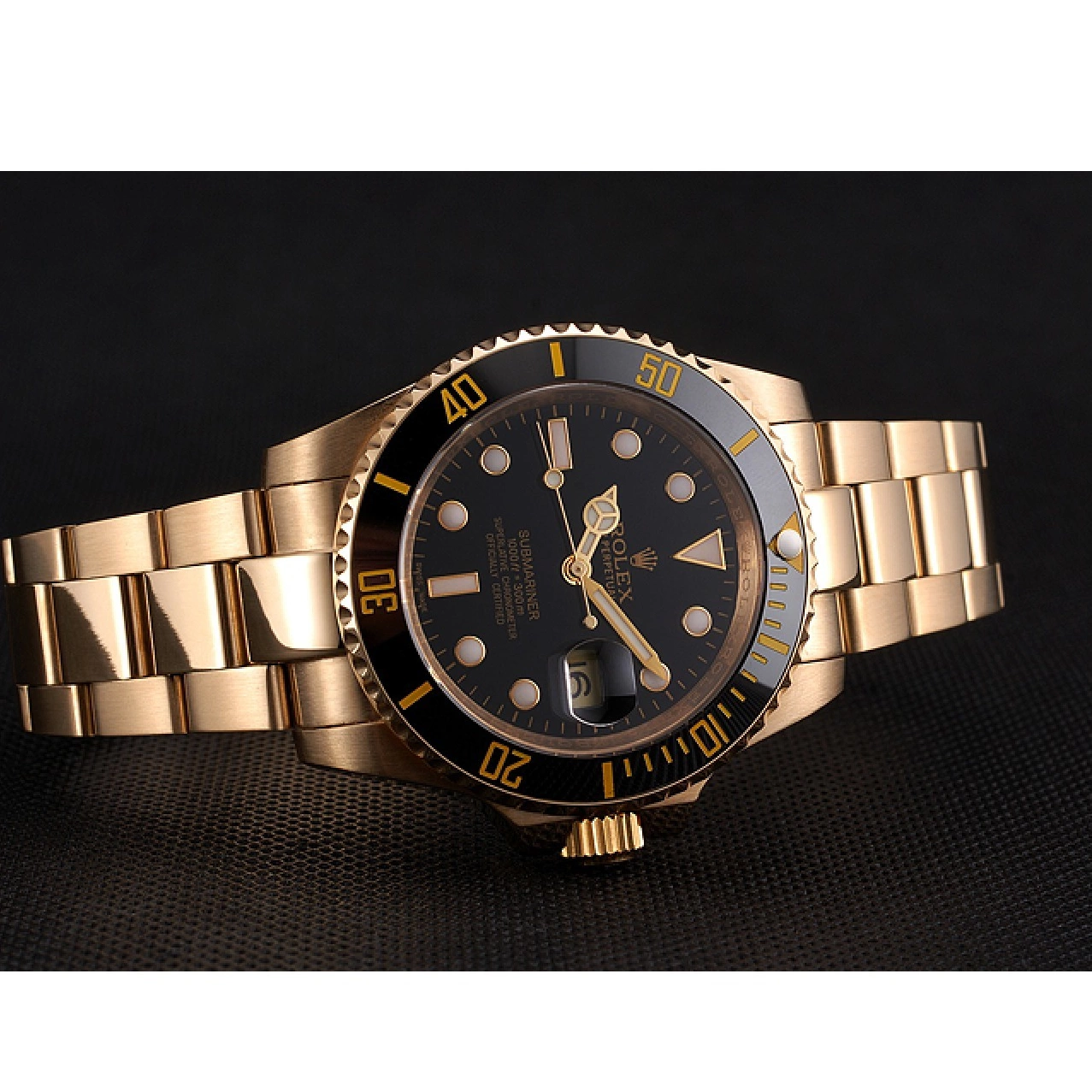 Aaa fake watches Gold Black Rolex Bracelet Yellow Submariner Black Swiss And Bezel Case Dial 0607